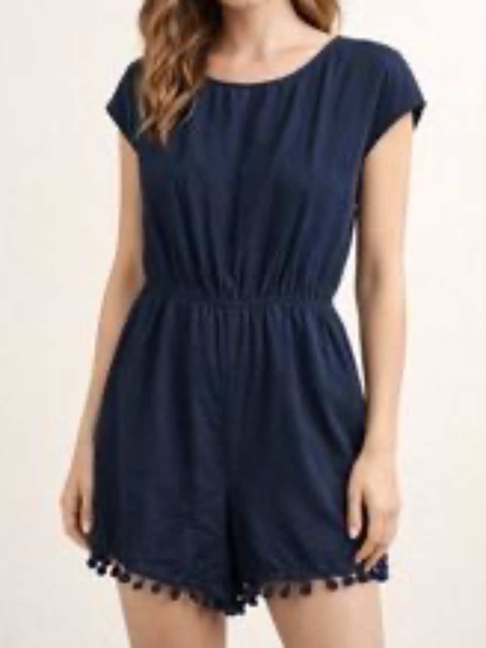 Navy Blue Romper with Tie Back and Pom Pom Tassel Details | Size Medium